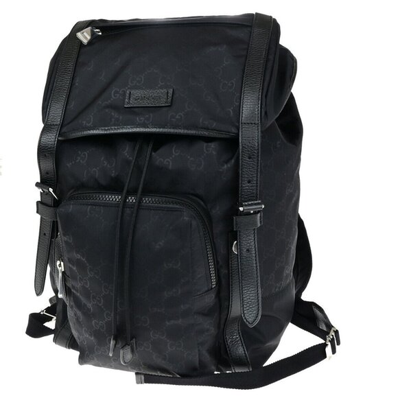 GUCCI Logo GG Pattern Backpack Bag Nylon Leather Black SHW Italy